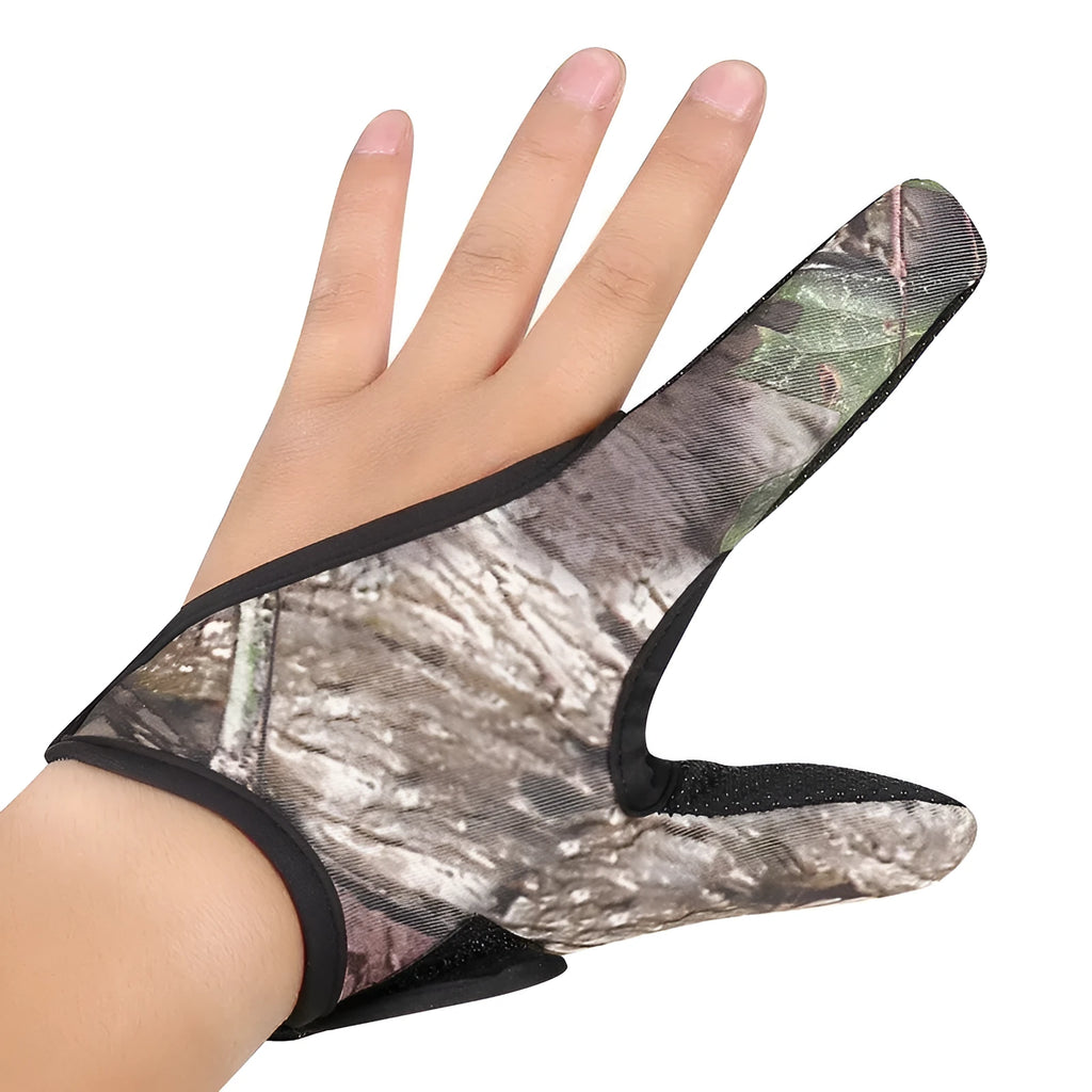 Two finger fishing glove in camouflage colour showing diving cloth back and microfiber palm.