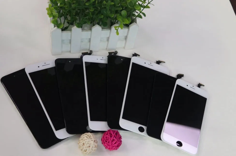iPhone LCD screen replacement kit showing display, original cover, and disassembly tool