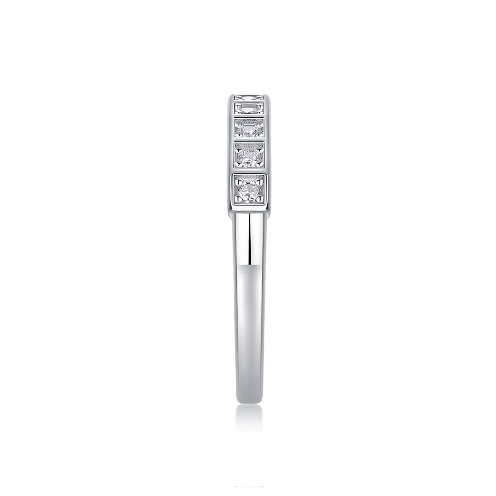 Moissanite wedding ring set on white background, S925 silver platinum plated, less than 0.1 carat stone
