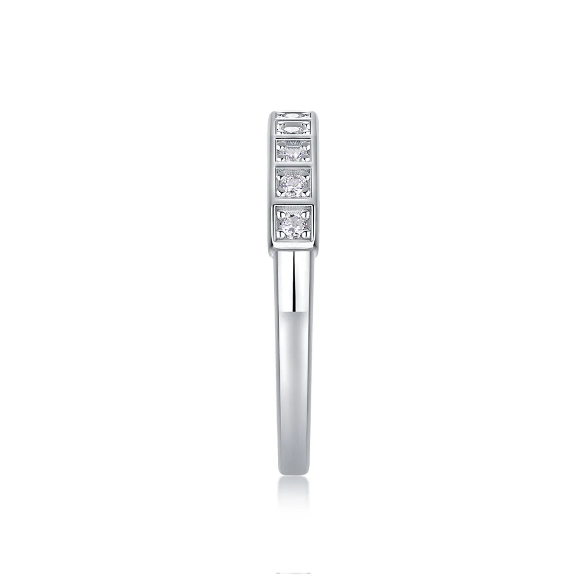 Moissanite wedding ring set on white background, S925 silver platinum plated, less than 0.1 carat stone