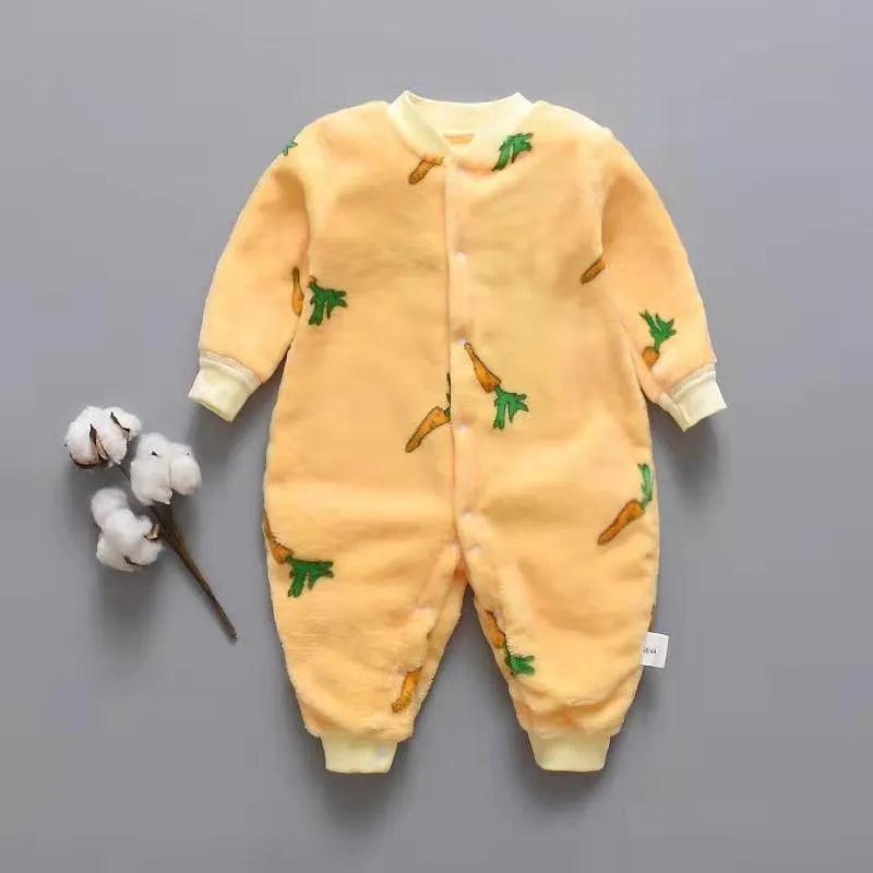 Baby wearing long sleeve flannel romper with animal print design