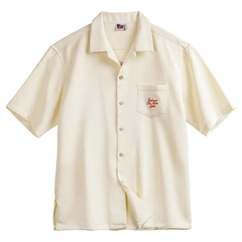 Men's light apricot Cuban collar shirt with bamboo and floral plant pattern