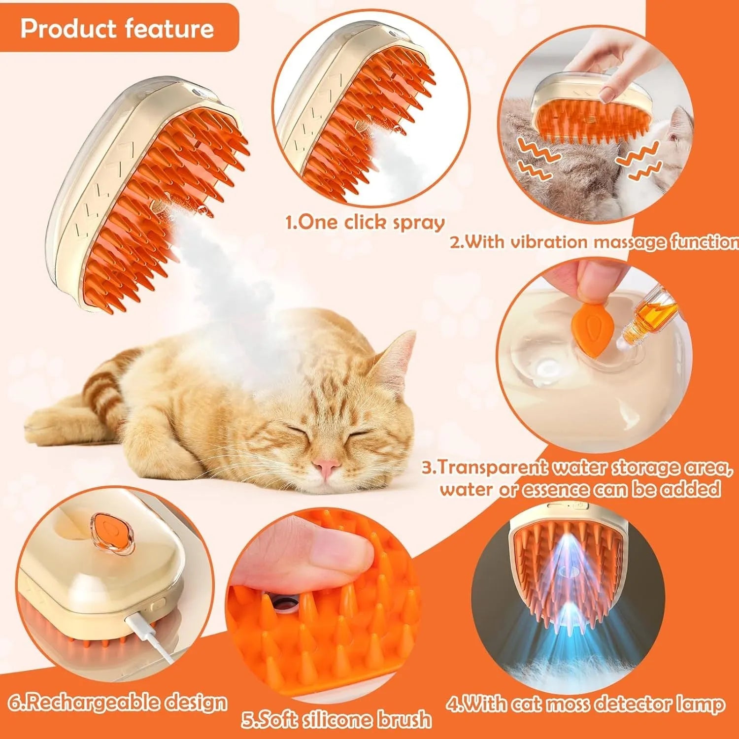 Yellow cat steam brush with silicone head and ringworm detector lamp for pet grooming