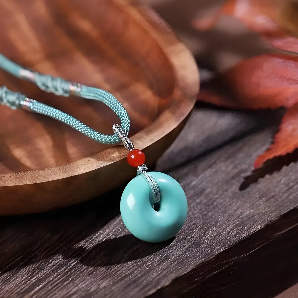 Natural turquoise polished round bread ring safety buckle pendant, 25mm, green, New Chinese style