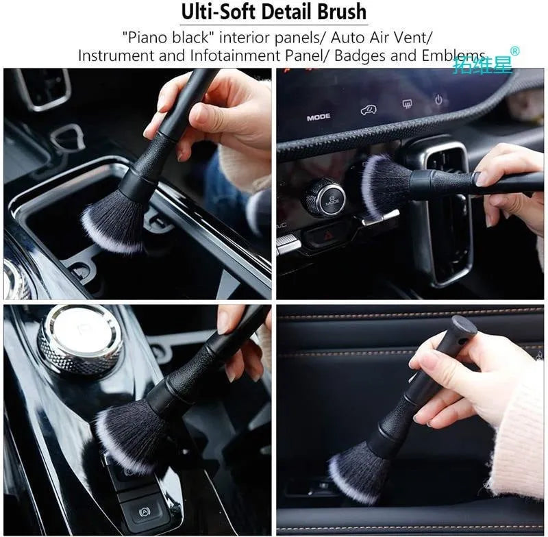 Black PP car detailing brush with pig hair bristles for interior cleaning