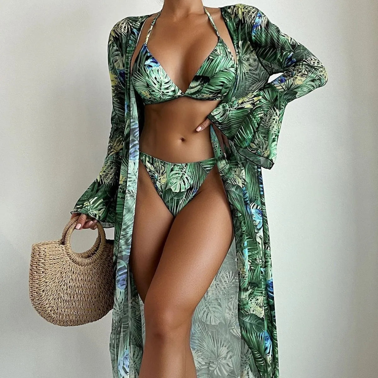 European American split bikini cover beach swimsuit three-piece set in green flower print with coat top and shorts