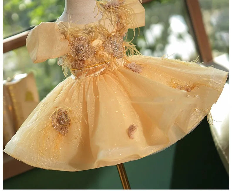 Girls champagne gold princess dress with sequins, short sleeves, round neck, and pettiskirt