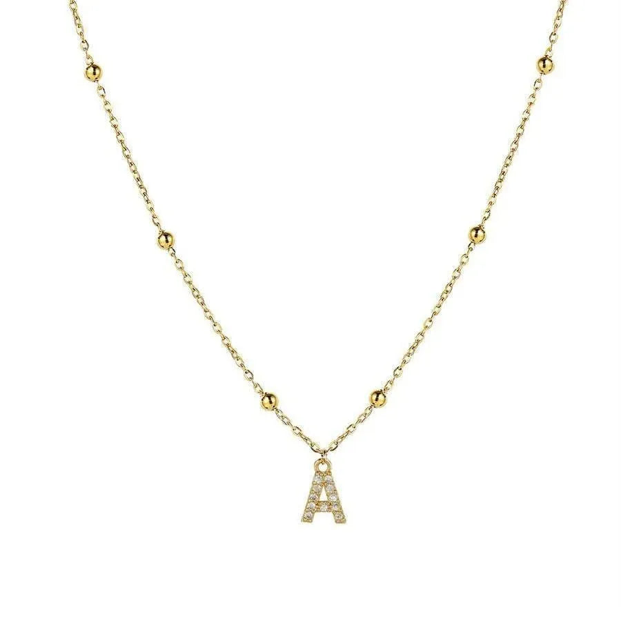 Light luxury copper pendant necklace with micro zircon inlaid letter, unisex O-ring chain, electroplated finish, style options A-Z