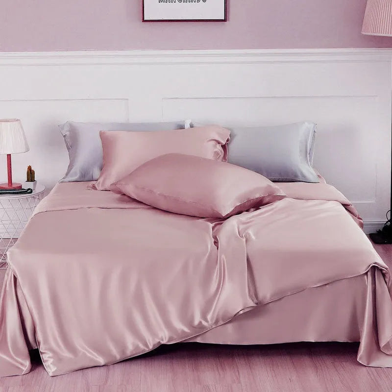 Solid colour silk duvet cover in plain weave construction, shown in bright brown