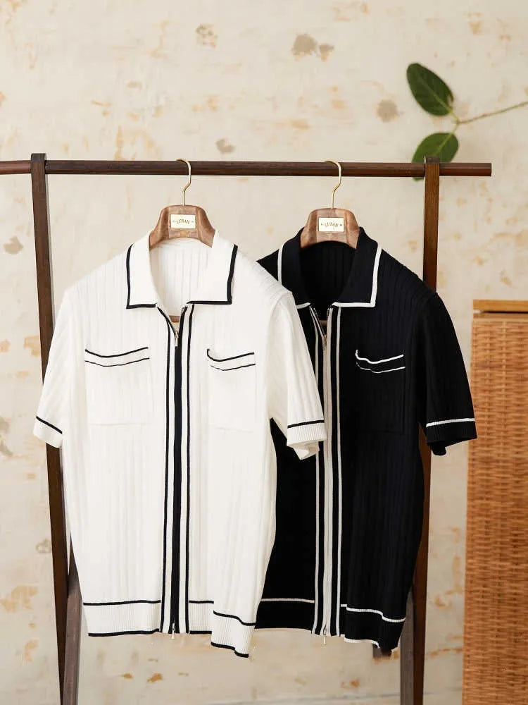 Slim elastic lapel polo shirt in viscose blend fabric, black and white colour options