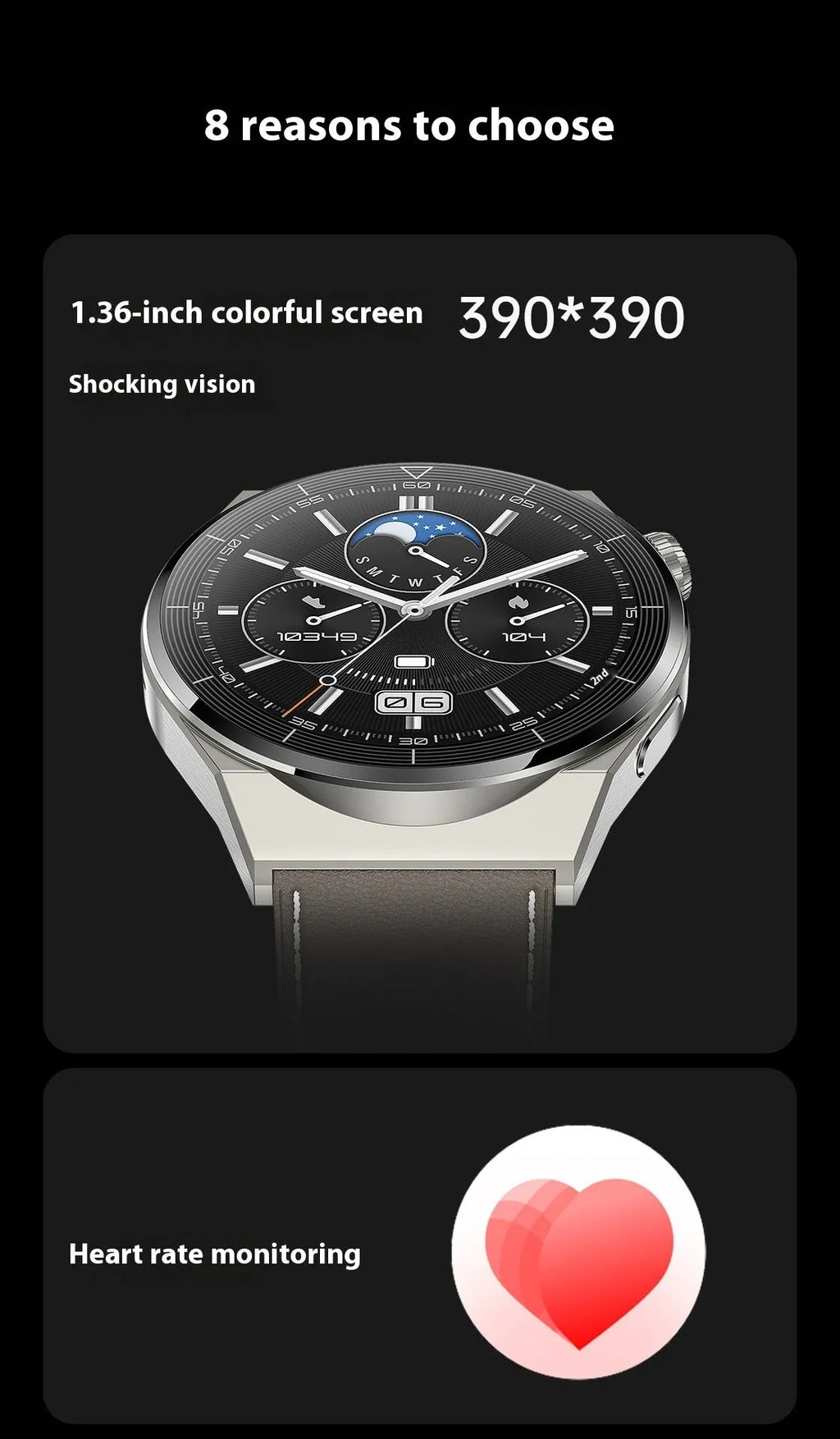 Black silicone smartwatch with silver vinyl case showing health metrics on TFT screen