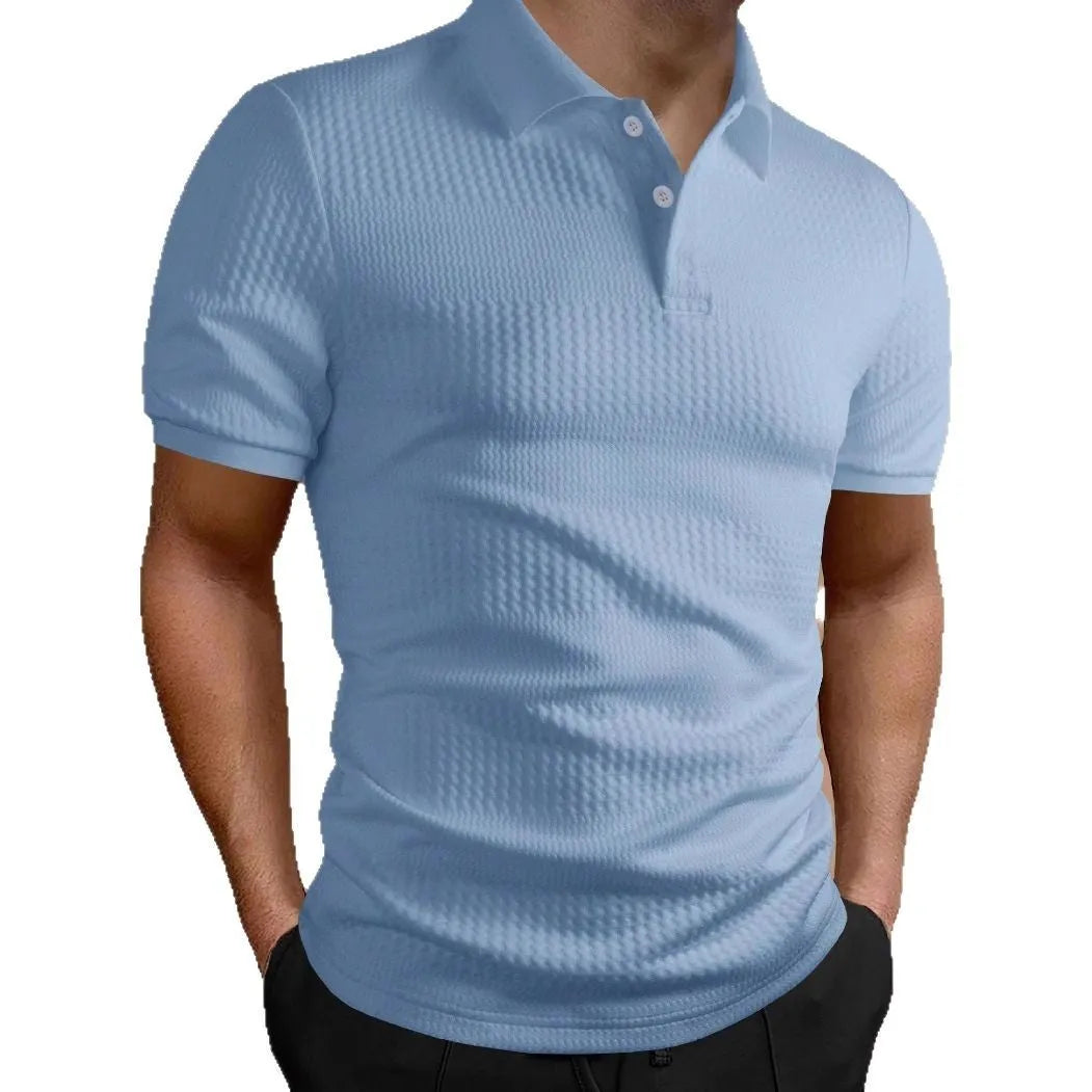 Men's striped polo shirt in light blue, loose fit, short sleeve, polyester blend fabric, summer casual top