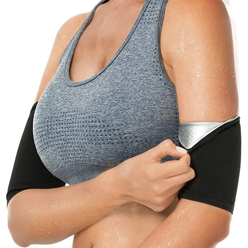 Blue and silver sports arm sweatband shown on an arm, with sizing options available.