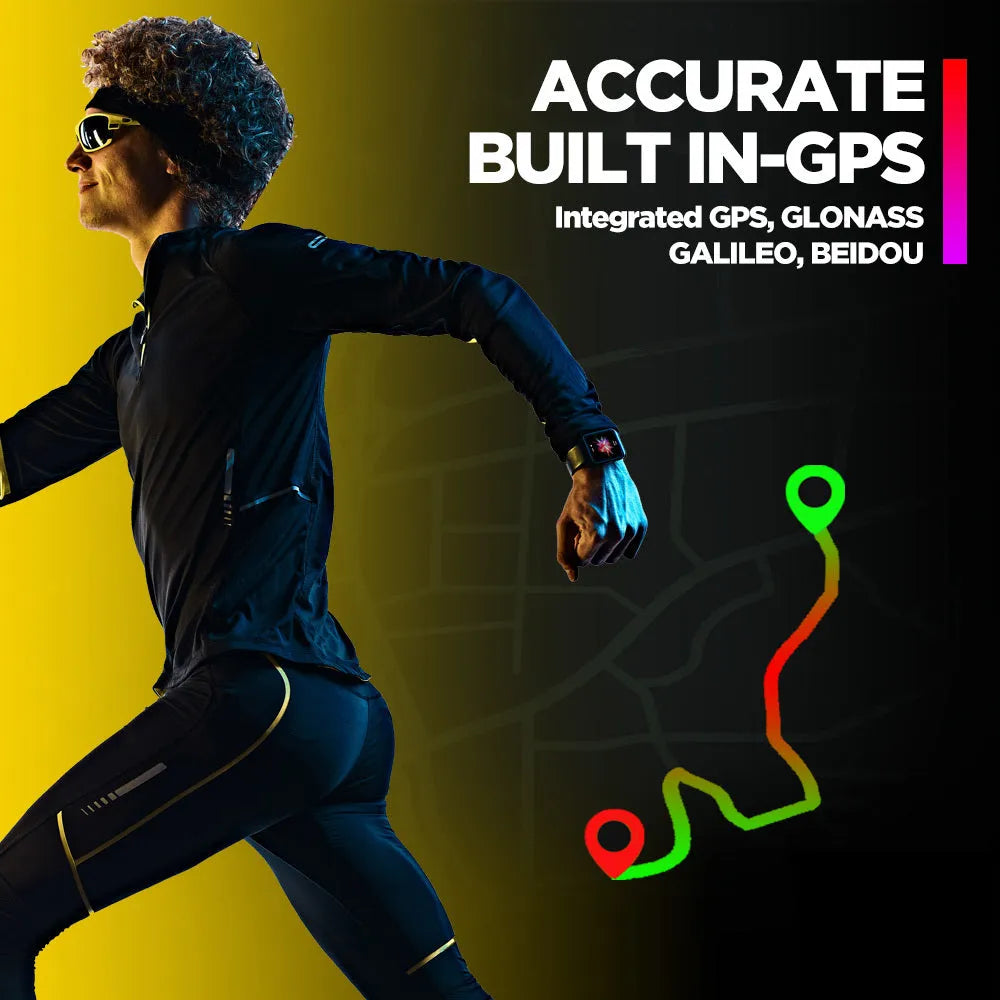 Black GPS sports smartwatch with rubber strap on a wrist, showing a health metrics screen.