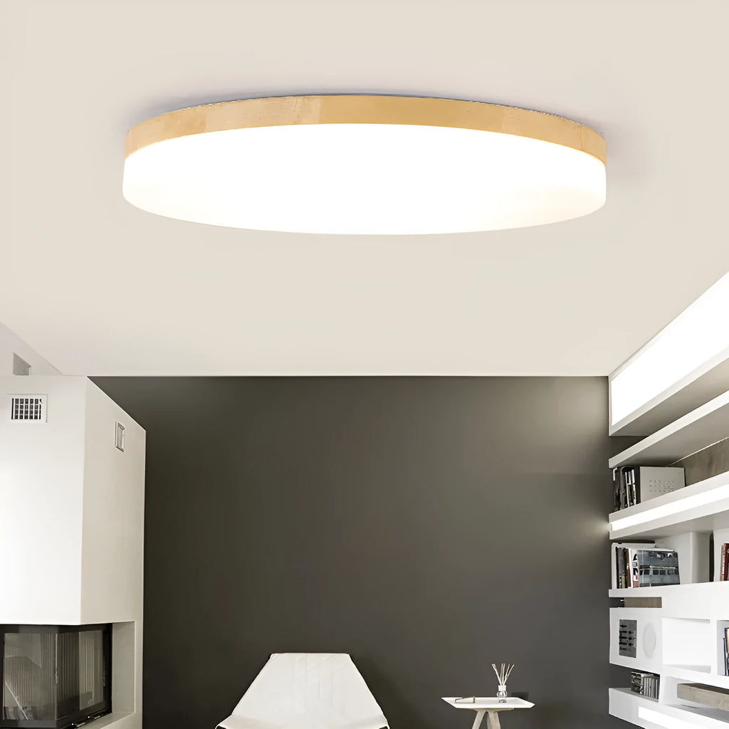 Japanese minimalist ceiling lamp with a wood art body and white acrylic shade in three available diameters.