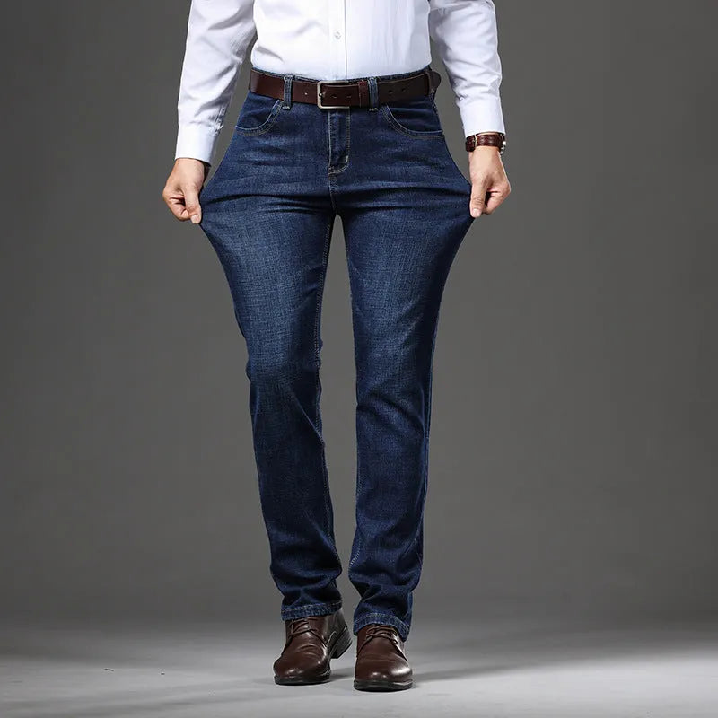 High-stretch denim trousers in straight-leg business casual style with zip placket