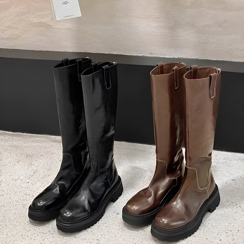 Black women's knee-high chunky heel boots with round toe and back zipper.