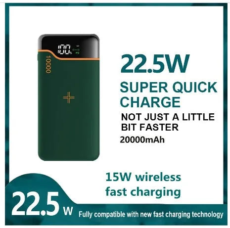 20000mAh power bank with 22.5W fast charging and 15W wireless recharge in retro green, business black, or white