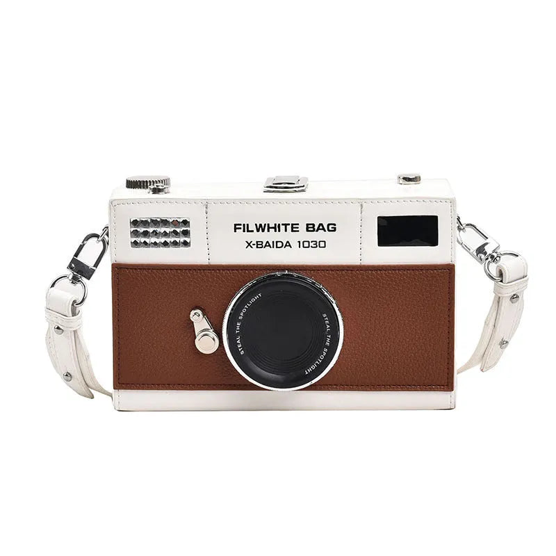 Mini horizontal square crossbody bag with chain strap in light brown PU synthetic leather.