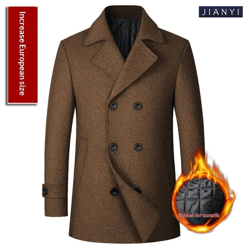 Men's double-breasted lapel mid-length wool coat in loose fit, available in black colour, European sizes S to XXL