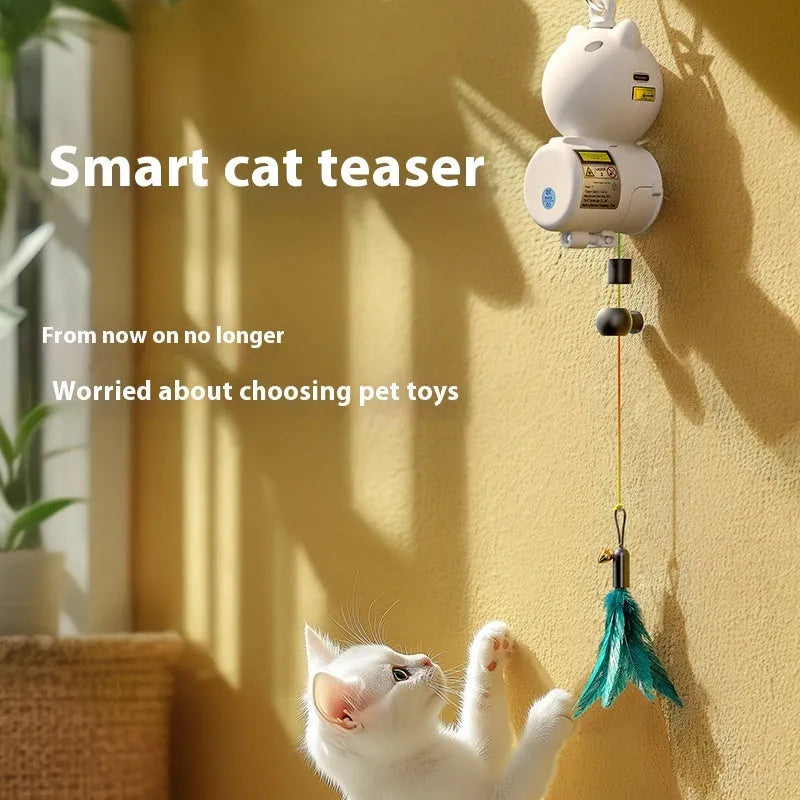 White plastic hanging retractable cat toy with feather attachment for indoor cat play