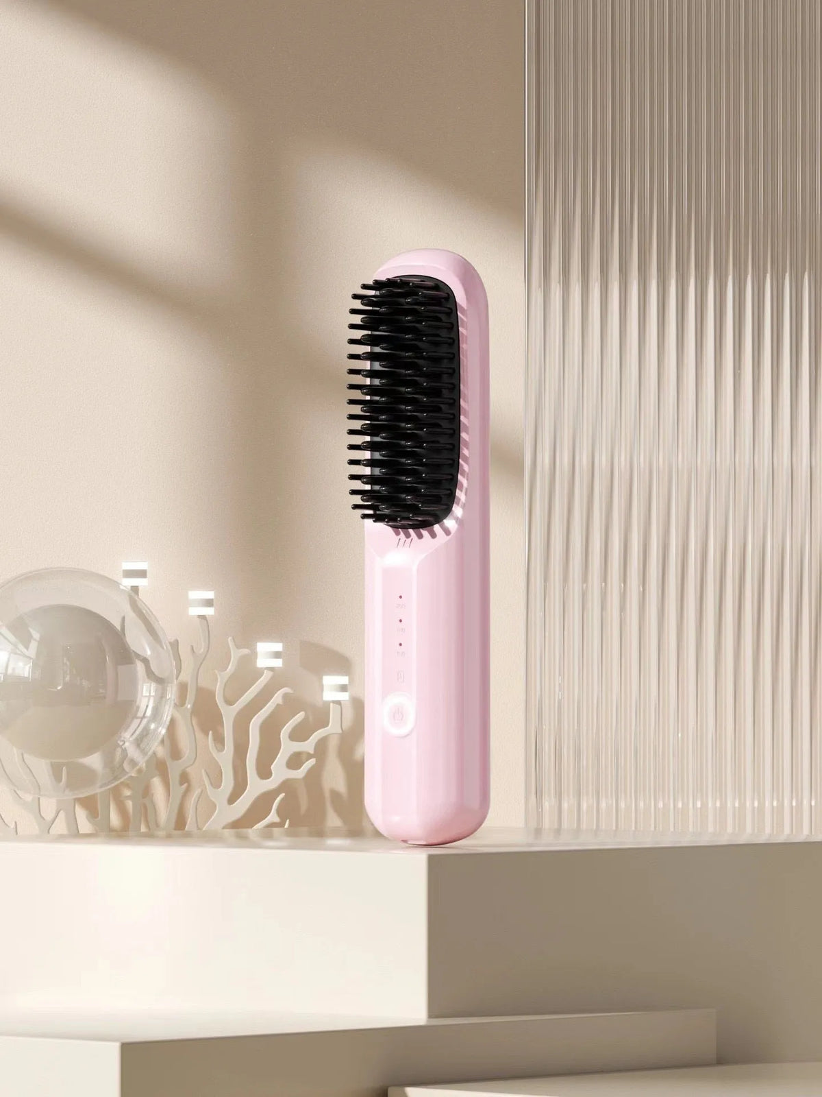 Beige wireless anion hair straightening comb with ceramic plates and Type-C charging port