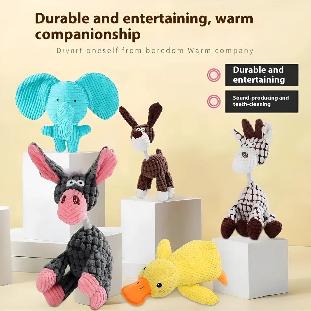 Plush bite-resistant pet chew toy for puppies in various styles including donkey, rechargeable duck, and elephant characters.