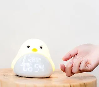 Time Bird multi-functional electronic smart clock in yellow with cartoon bird design, LED display showing time and temperature, USB model