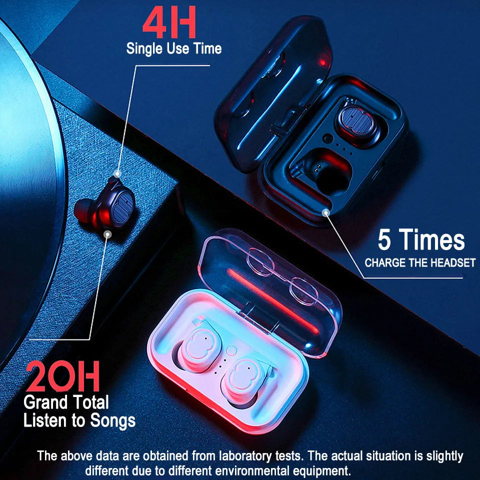 Bluetooth wireless earbuds in black, white, red, and blue colours showing earbud design