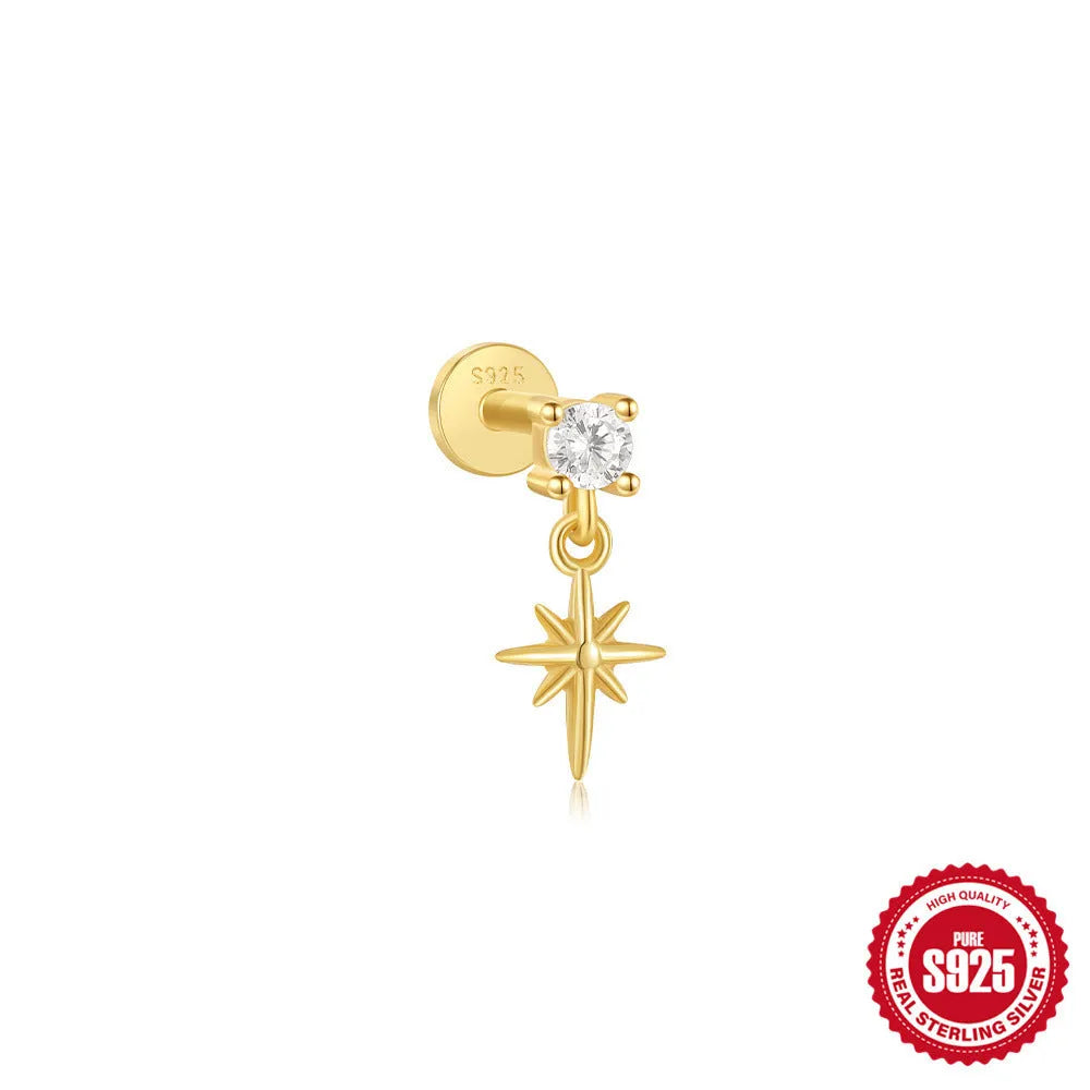 A gold tone sterling silver ear stud featuring a dangling tassel and XINGX inlaid design on the stud.