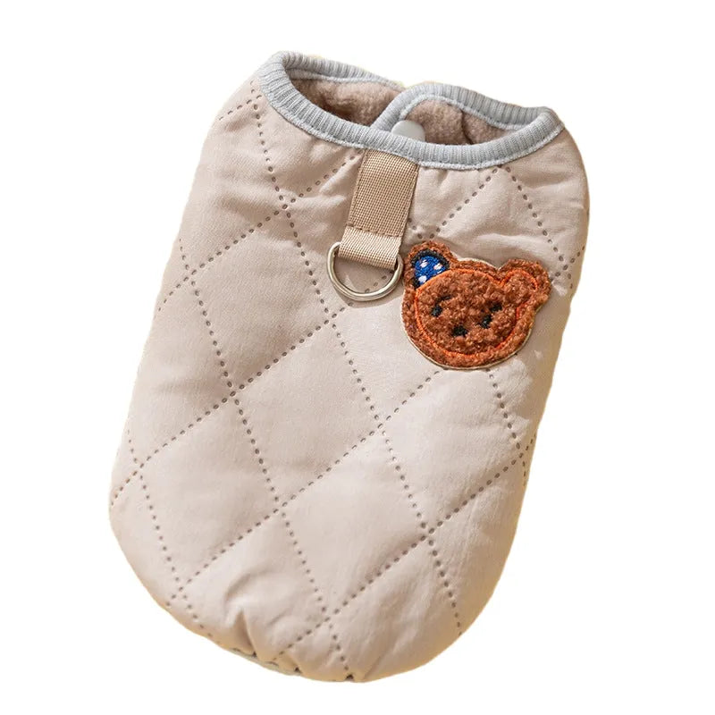 Quilted pet vest for small dogs with bear patch embroidery, cream and beige colours