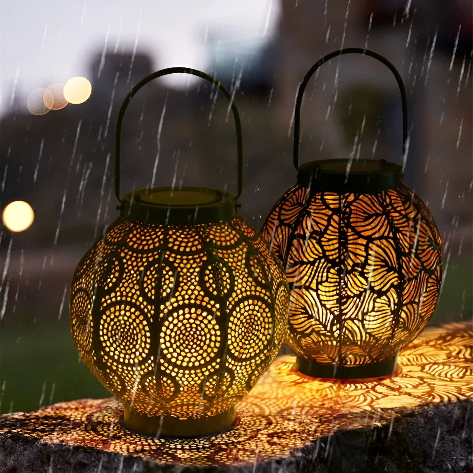 Hollow decorative iron solar lamp for outdoor courtyard use