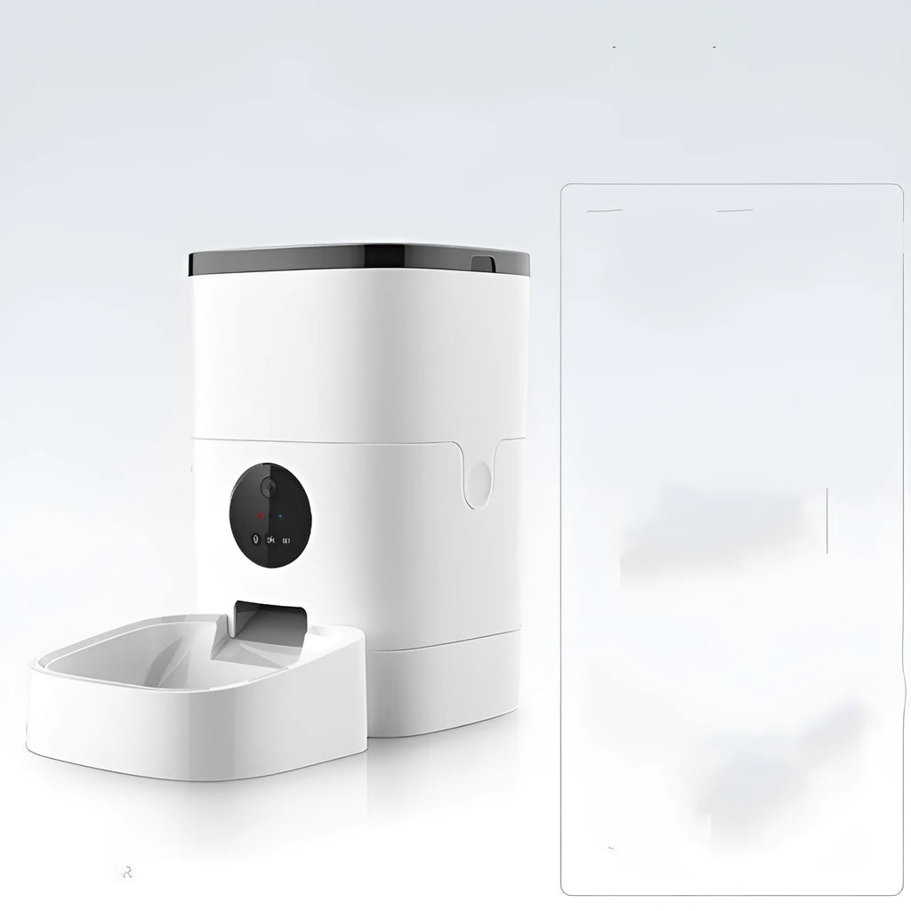 White 6L automatic pet feeder in food grade ABS for cats and dogs, 23x23x40 cm, dual power.