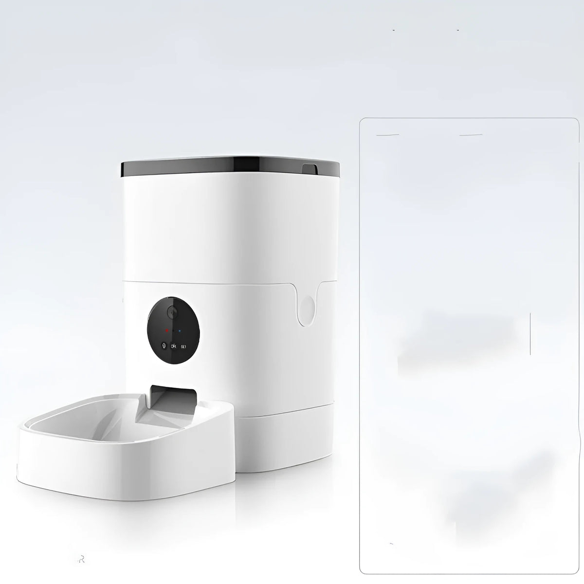 White 6L automatic pet feeder in food grade ABS for cats and dogs, 23x23x40 cm, dual power.