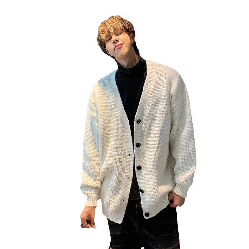 Men's loose fit V-neck cardigan sweater in cotton blend fabric available in multiple colours