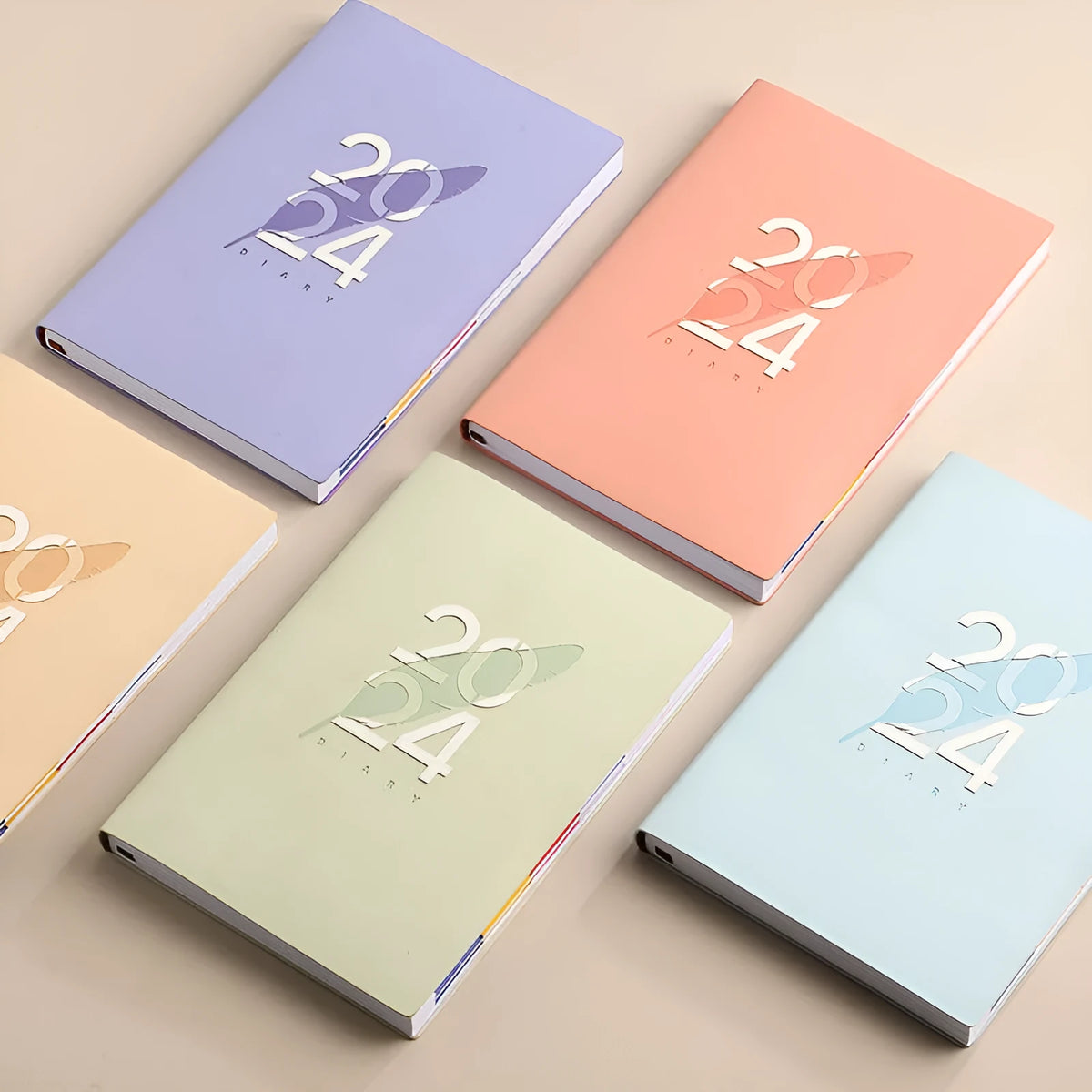 2024 English daily planner with imitation leather cover in blue, A5 size, open to a daily schedule page