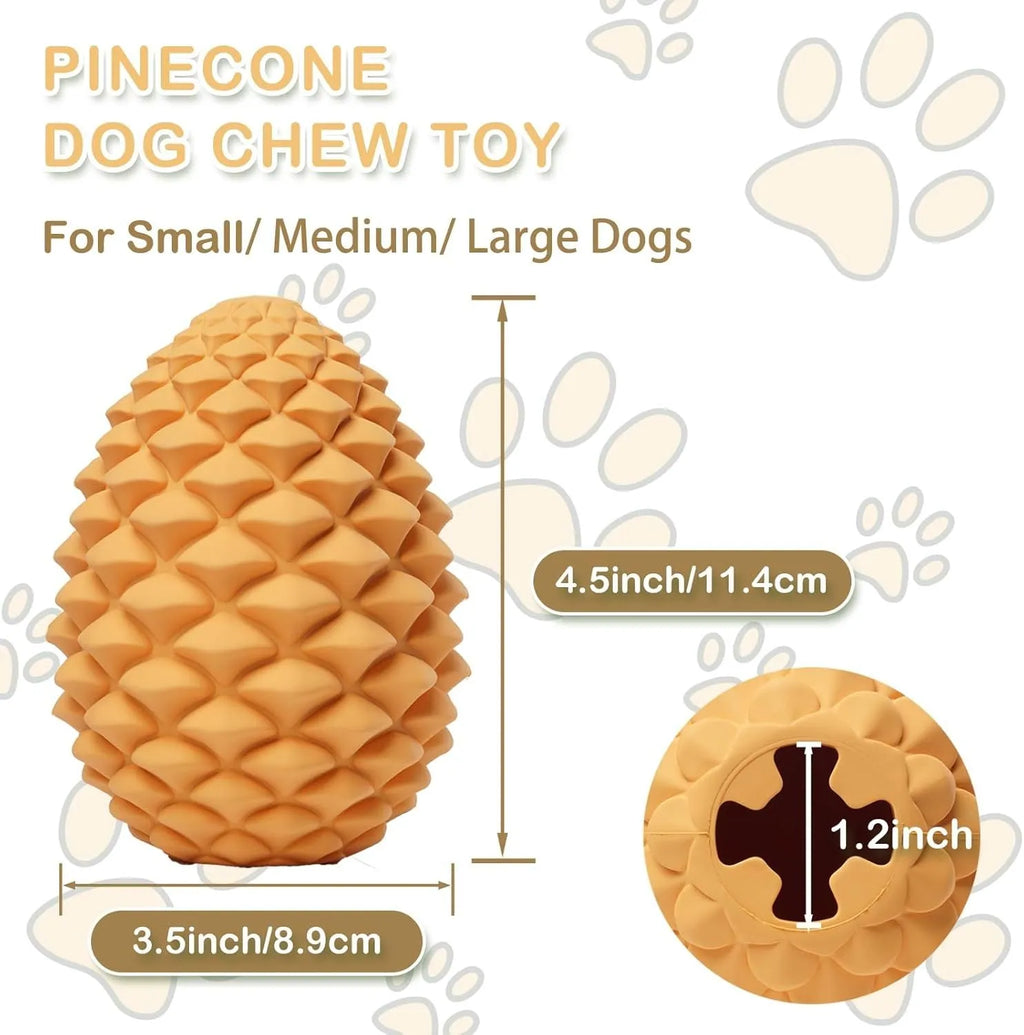 Yellow pine cone-shaped natural rubber dog chew toy with treat dispenser hole