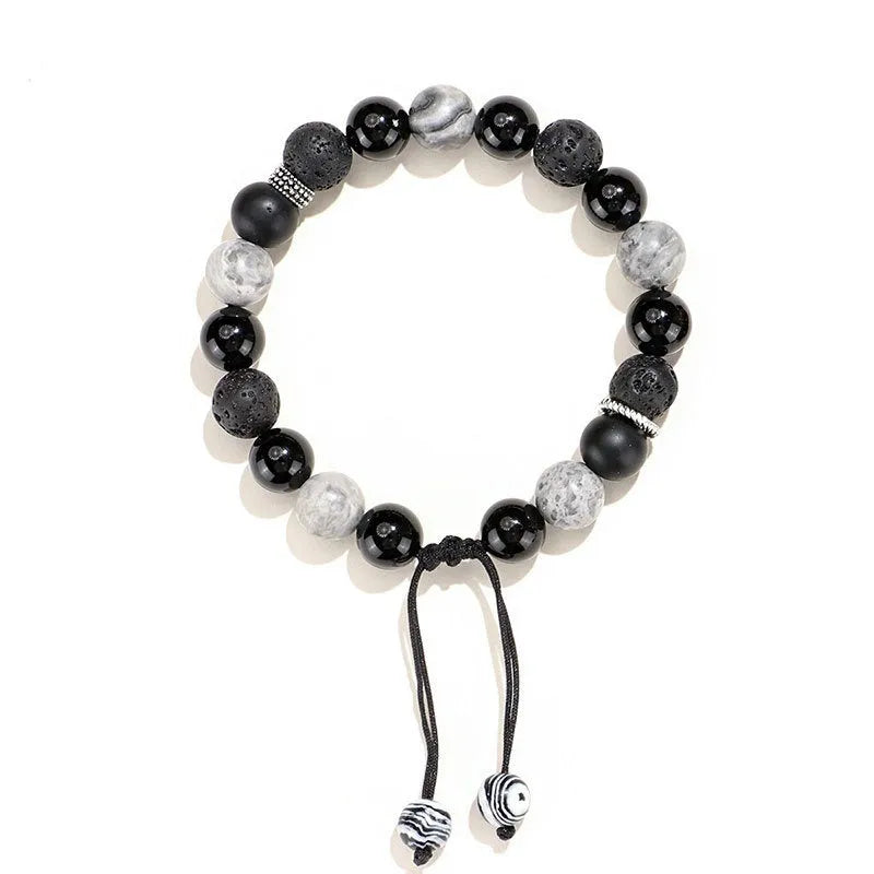 Black agate map stone volcanic bracelet with diamond-shaped beads in 8mm and 10mm sizes