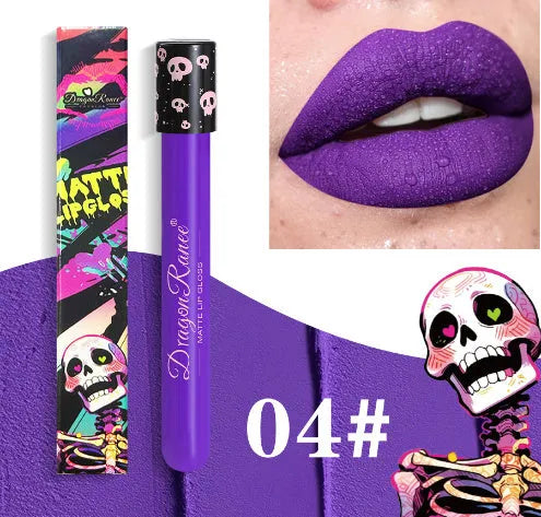 Halloween creative makeup lip gloss in a silver skull-shaped test tube container.