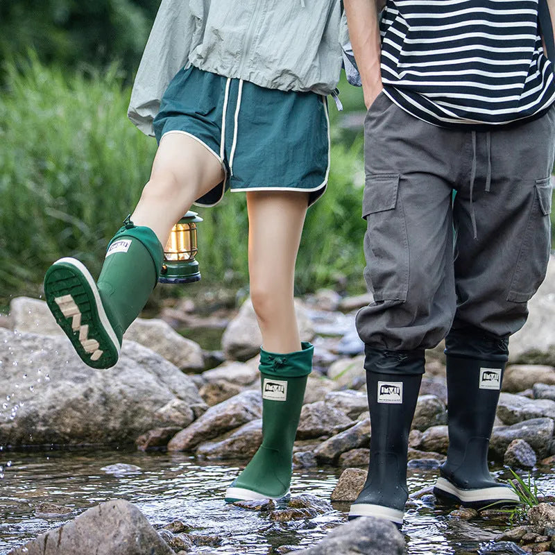 Couple Platform high tube waterproof PVC rain boots in black, green, beige, or red colours.