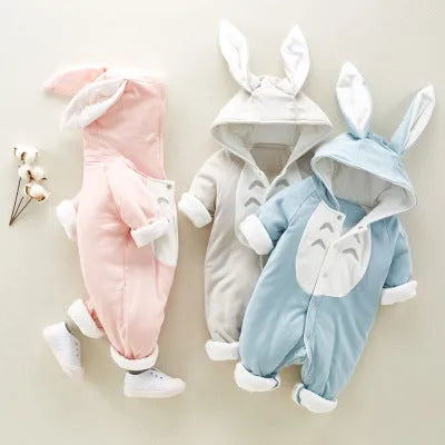 Thick cotton hooded baby romper in blue with long sleeves and single-breasted closure for newborns