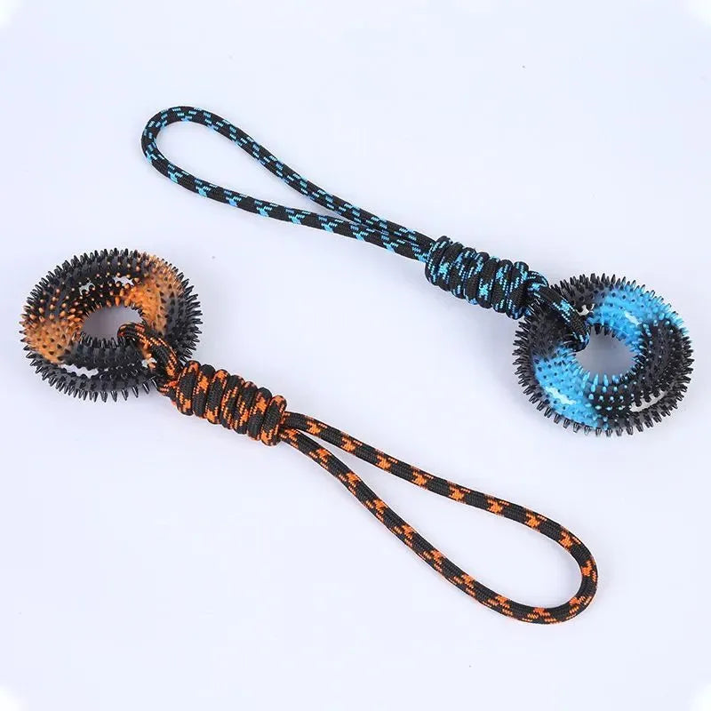 Double colour knot rope dog toy with barbed circle in blue and orange, 48x12.5cm