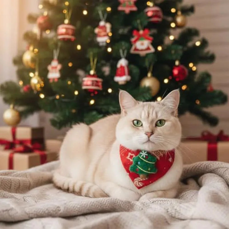 Red Christmas pet handkerchief scarf with Santa Claus and Christmas tree appliques, adjustable collar fit 9.06-15.75 inches.