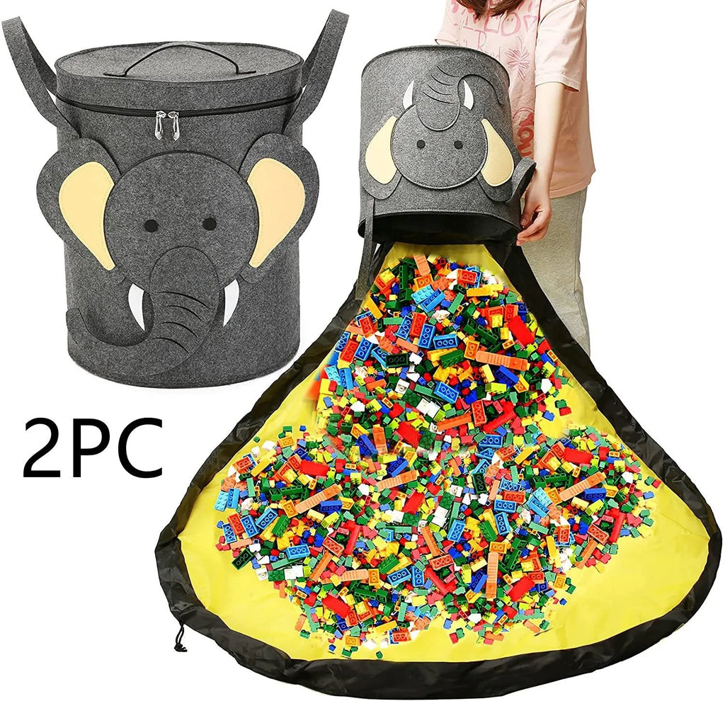 Green felt storage cube with pull rope converts to flat play mat for toy organisation