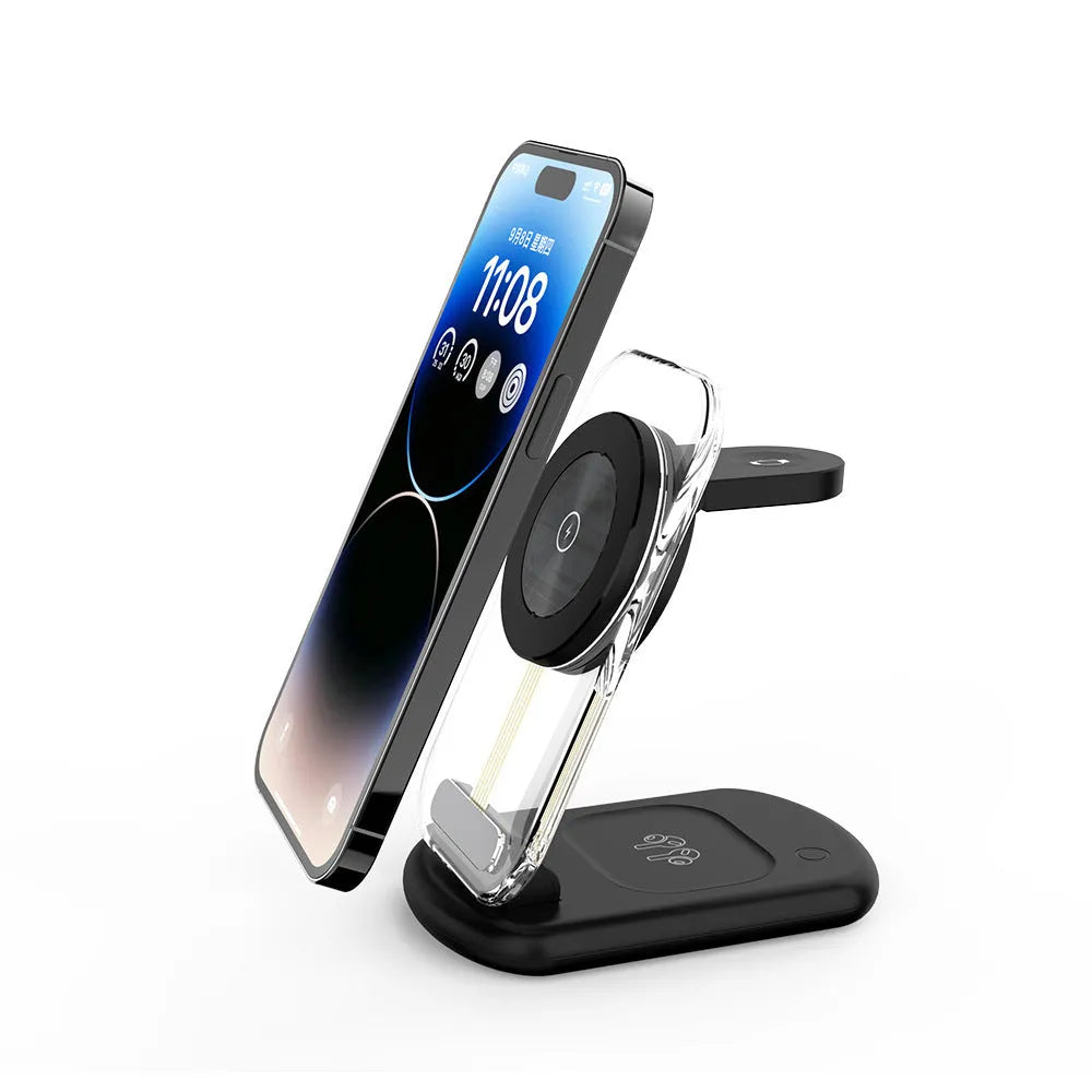 Transparent folding magnetic wireless charger in black colour showing three charging areas
