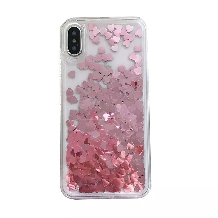 Quicksand Flowing Love silicone phone case soft TPU bumper with transparent back and pink love design for Apple iPhone