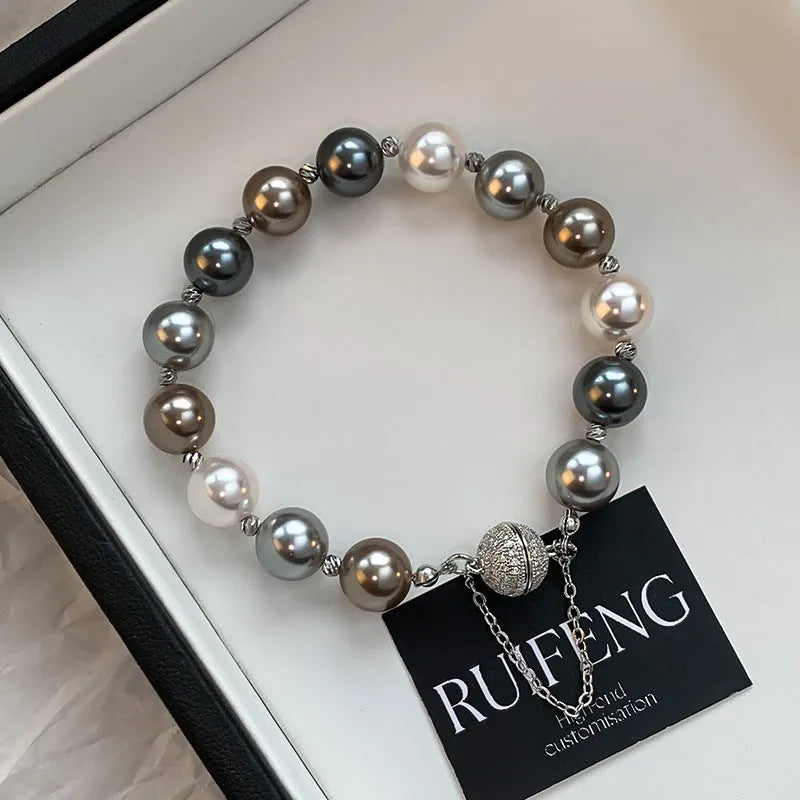 Silver gray magnetic buckle bracelet for women, electroplated finish, geometric shape, copper and plastic materials, RF1034 Silver colour