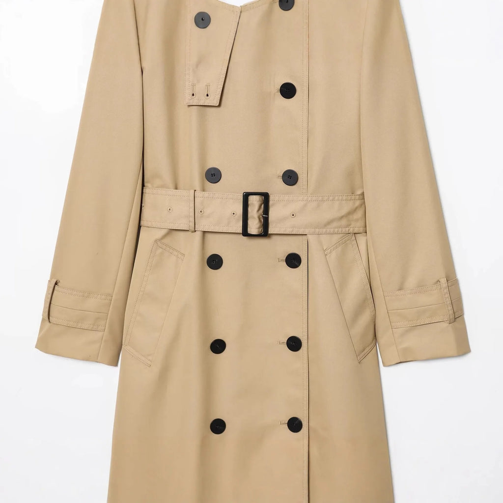 Women's double breasted trench coat, long sleeve, drawstring, dark green or khaki, sizes XS to L
