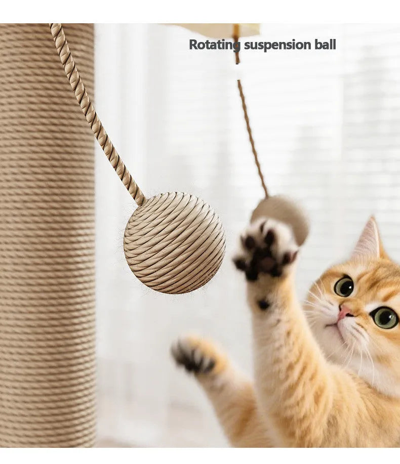 Windmill-shaped cat climbing frame with a hanging ball, made from pine wood and covered in carpet leather.