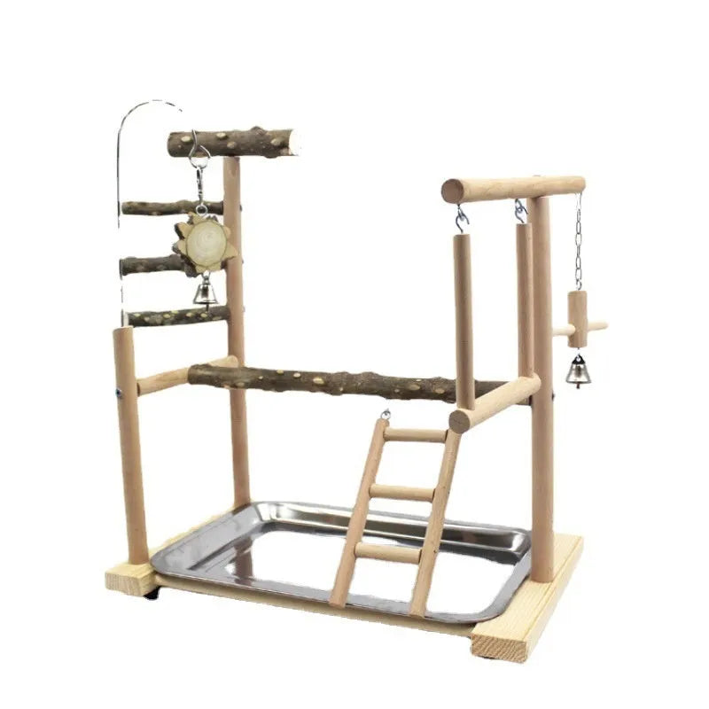 Natural Pepper Wood parrot toy bundle with two flat perching stands and a vertical climbing pole for cage.